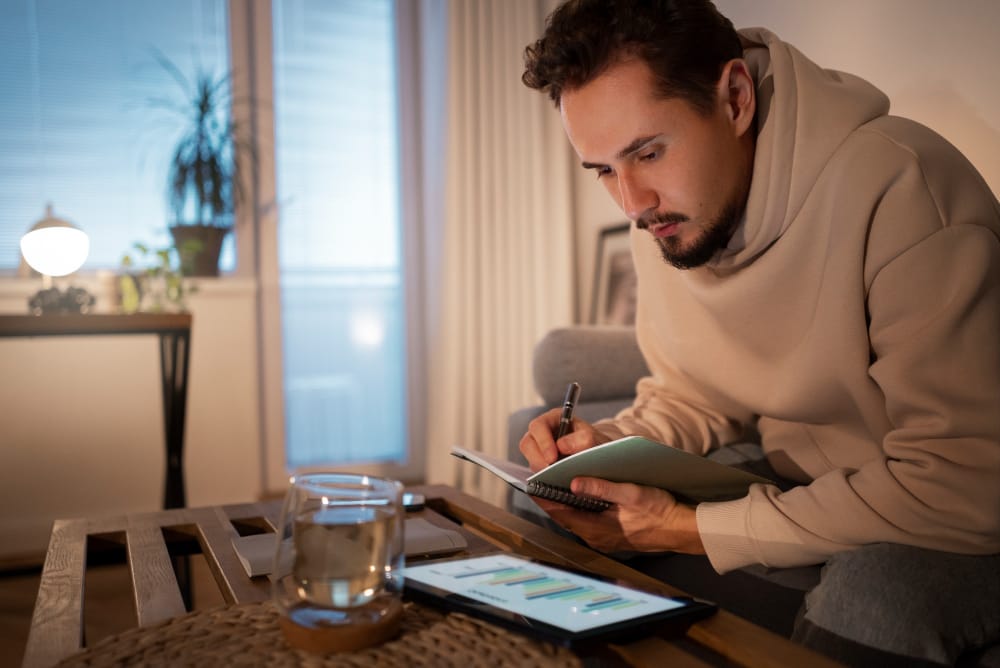 homem olhando tablet para revisar dados de integrações de RD Station Mentor IA