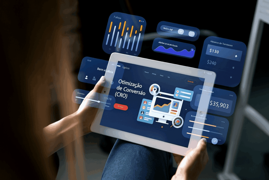 mulher com dados de venda em seu tablet para otimização de conversão (CRO)