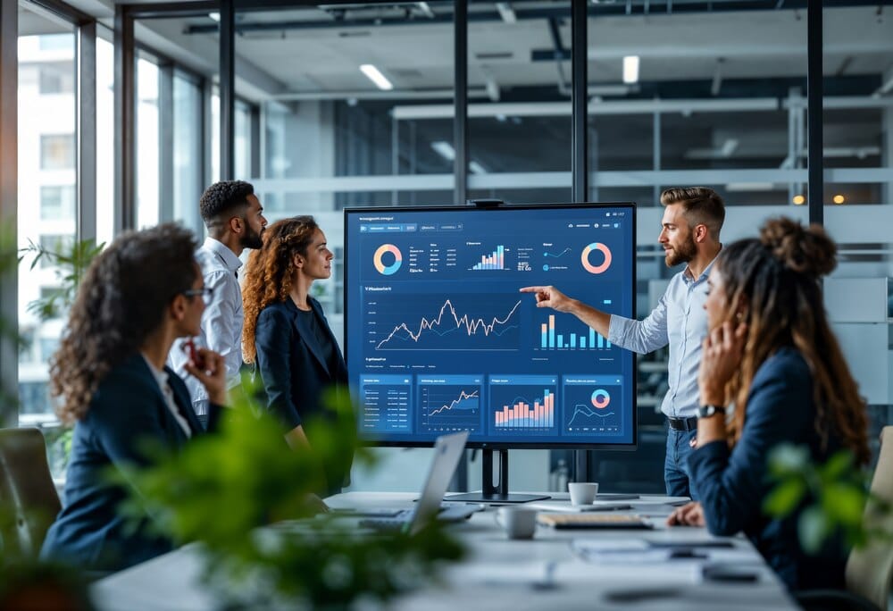 reunião com telão com gráficos na tela onde apresentador explica métricas serviço de inteligência de negócios com Google Analytics